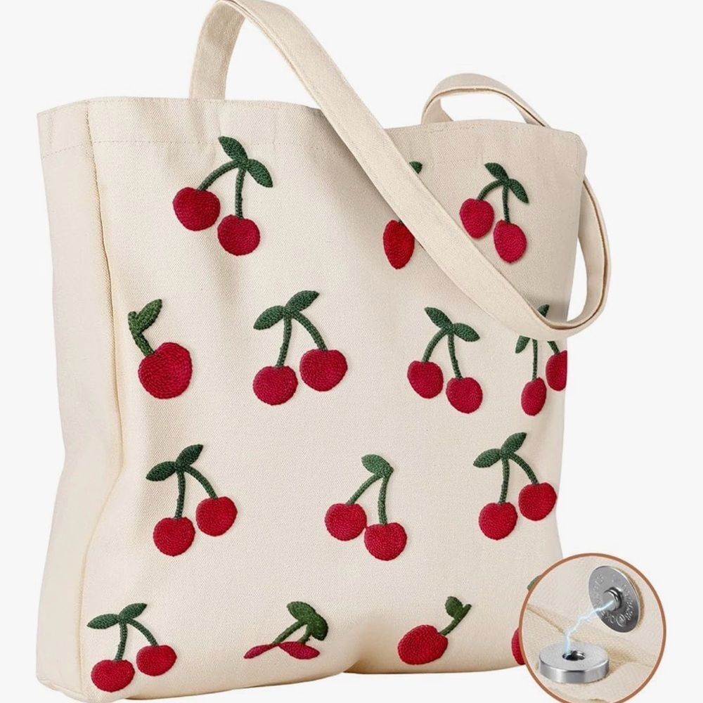 NEW Canvas Cherry Embroidered Tote Bag